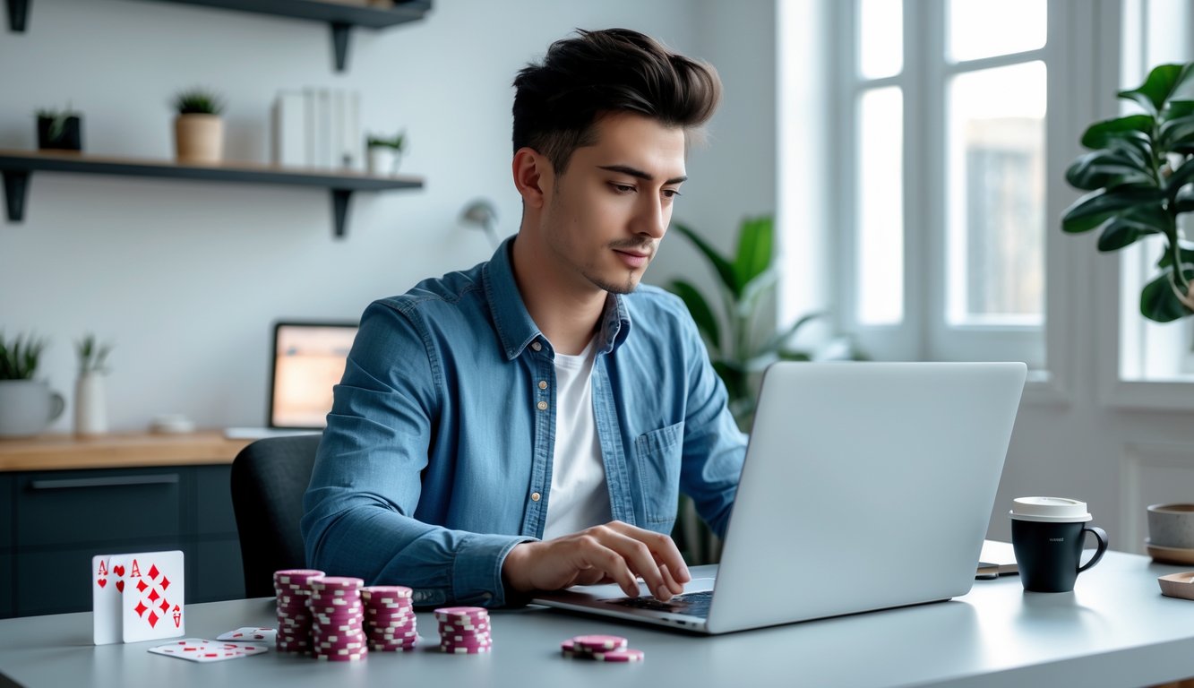 Seorang pria muda duduk di meja dengan laptop dan smartphone, fokus bermain judi online di ruangan yang terang dan nyaman.