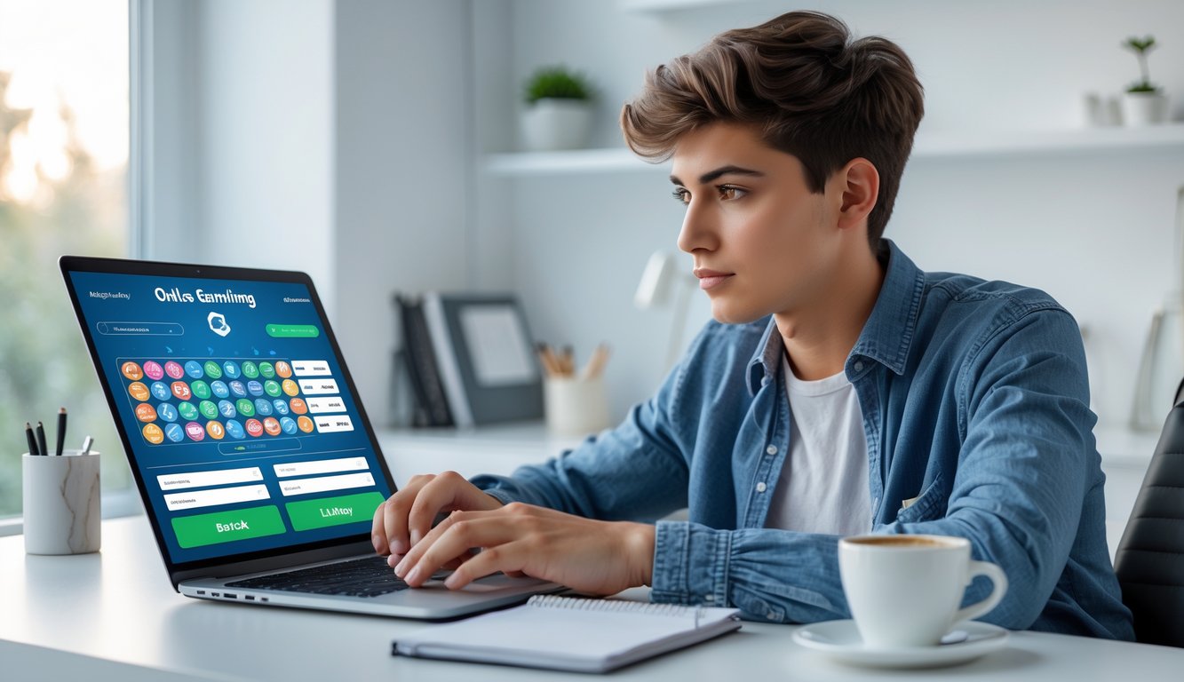 Seorang dewasa muda sedang duduk di meja kerja dengan laptop terbuka menampilkan antarmuka judi online, tampak fokus dan berpikir, di ruang kerja rumah yang terang dan rapi.