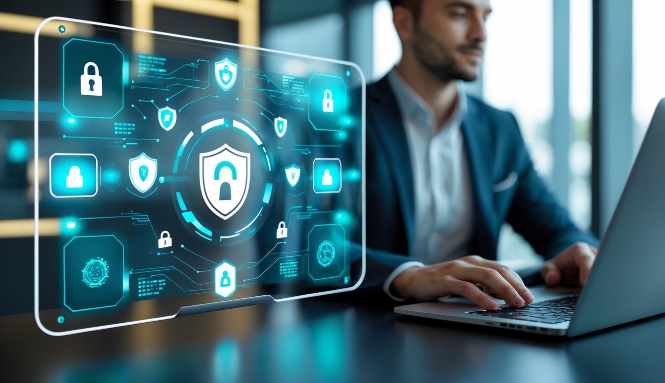 Seseorang menggunakan laptop di ruang kantor modern dengan layar digital transparan yang menampilkan simbol keamanan dan koneksi jaringan.