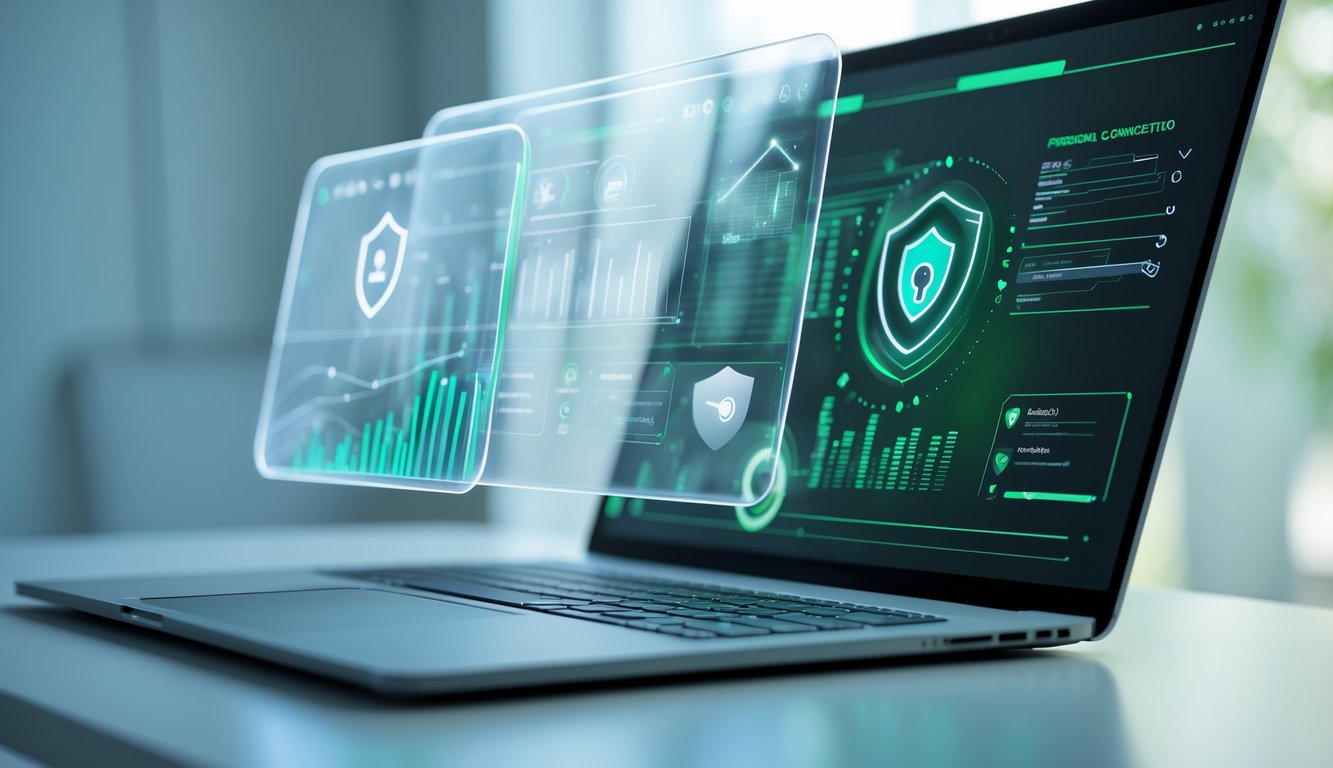 Sebuah komputer modern di meja dengan layar holografik menampilkan data dan ikon keamanan yang menunjukkan konsep akses aman ke platform judi online.