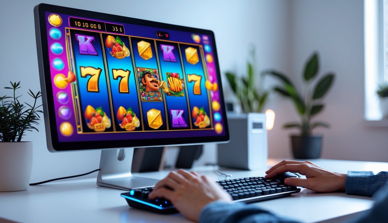 Seorang pemain sedang menggunakan komputer dengan layar menampilkan permainan slot online berwarna-warni di meja yang rapi dan terang.