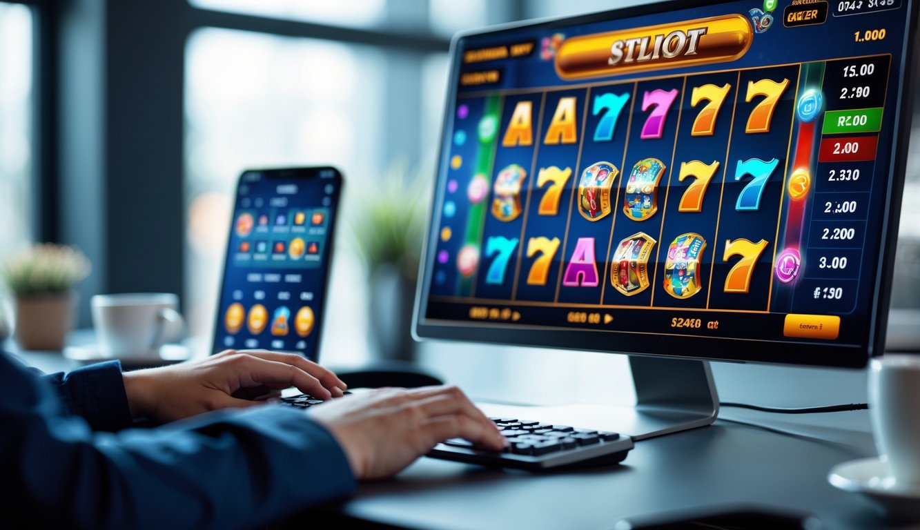 Seseorang sedang bermain permainan slot online di komputer dengan layar menampilkan gulungan slot berwarna-warni.