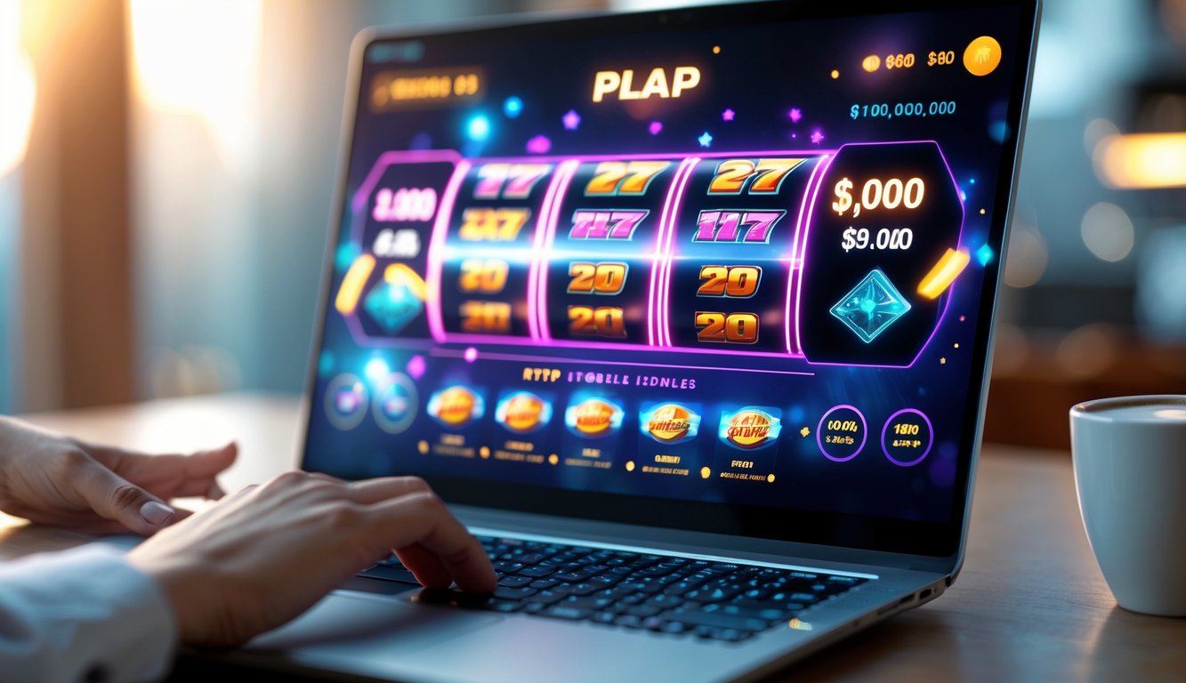 Seorang pengguna sedang melihat layar laptop yang menampilkan permainan judi online dengan mesin slot digital dan indikator jackpot besar di ruang kerja modern.