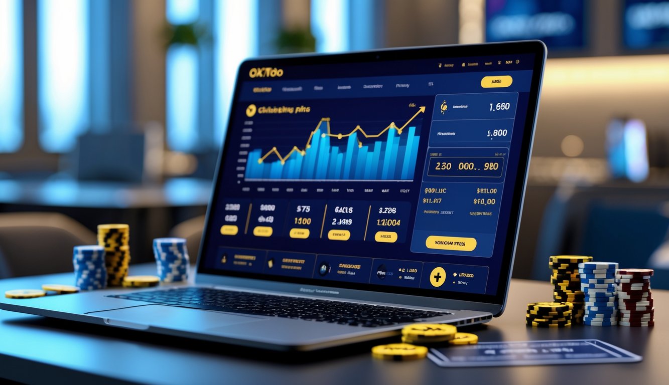 Seorang pria menggunakan laptop di meja kerja dengan tampilan platform judi online yang menampilkan grafik dan angka jackpot besar.