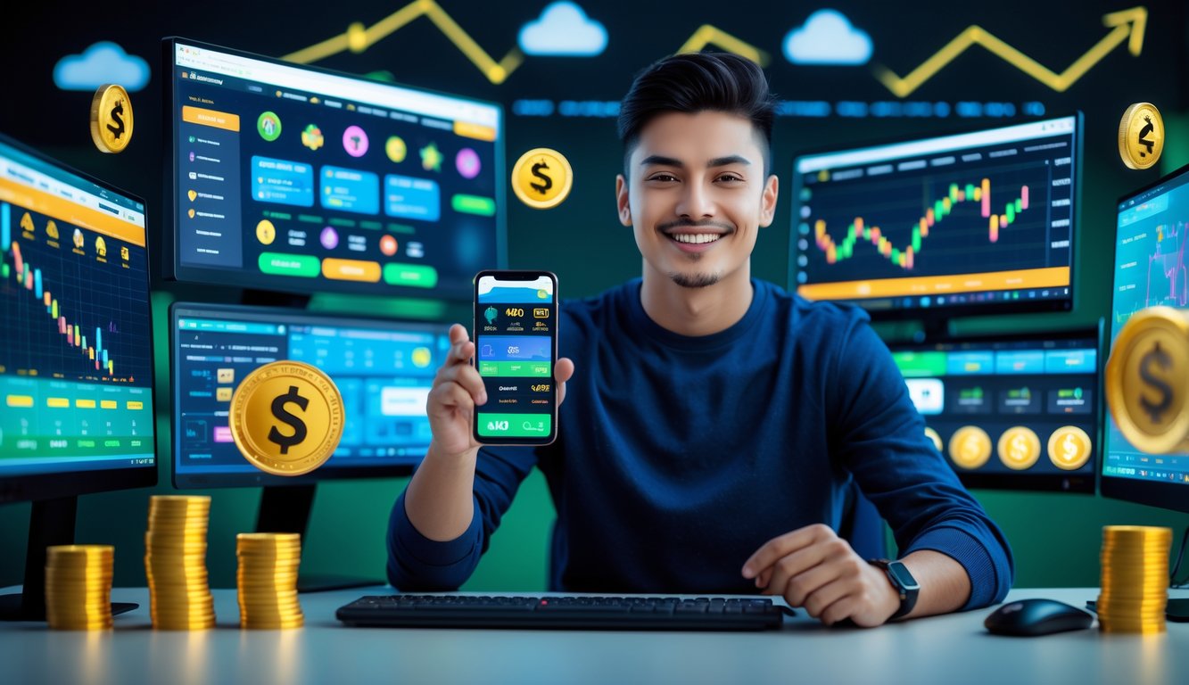 Seorang pria muda duduk di meja dengan beberapa layar komputer yang menampilkan antarmuka permainan judi online dan grafik naik, terlihat percaya diri dan senang di ruang kerja modern.