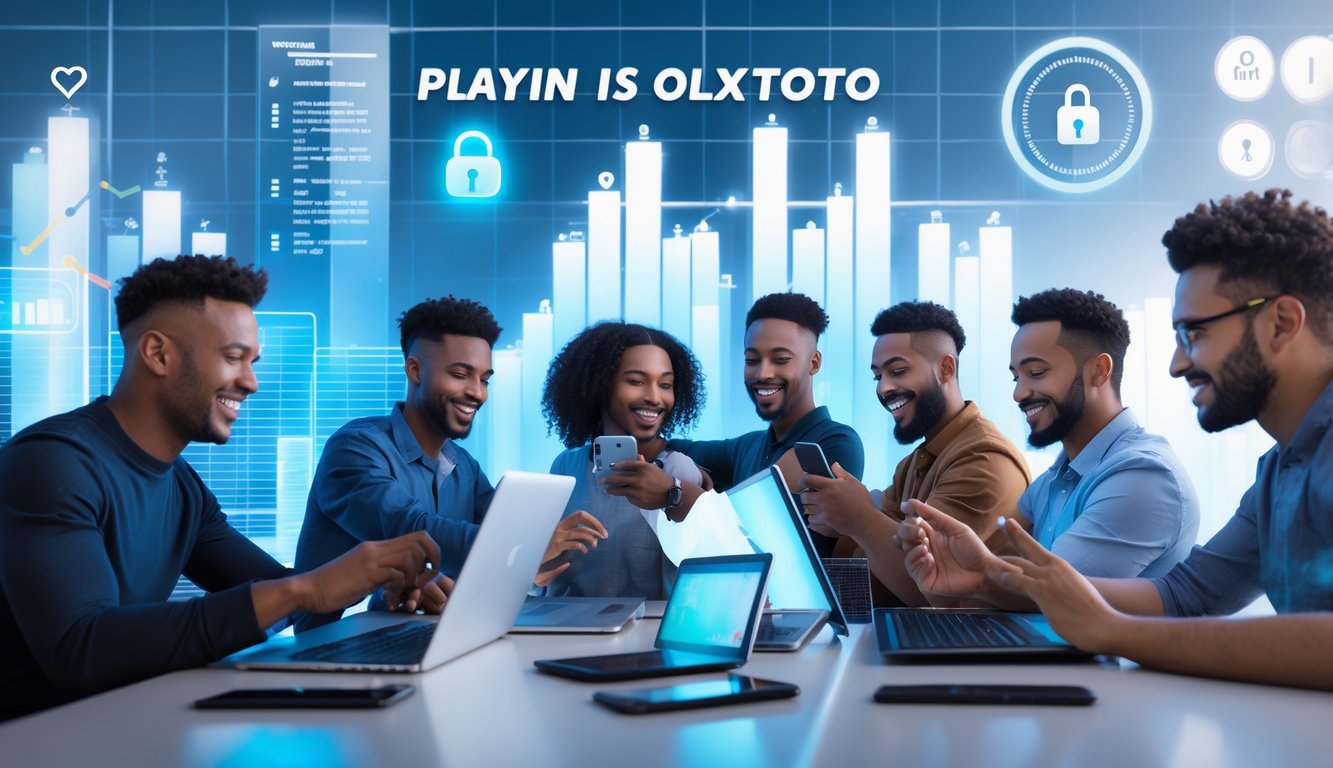 Sekelompok orang sedang bermain game online dengan berbagai perangkat di lingkungan modern yang cerah dan profesional.