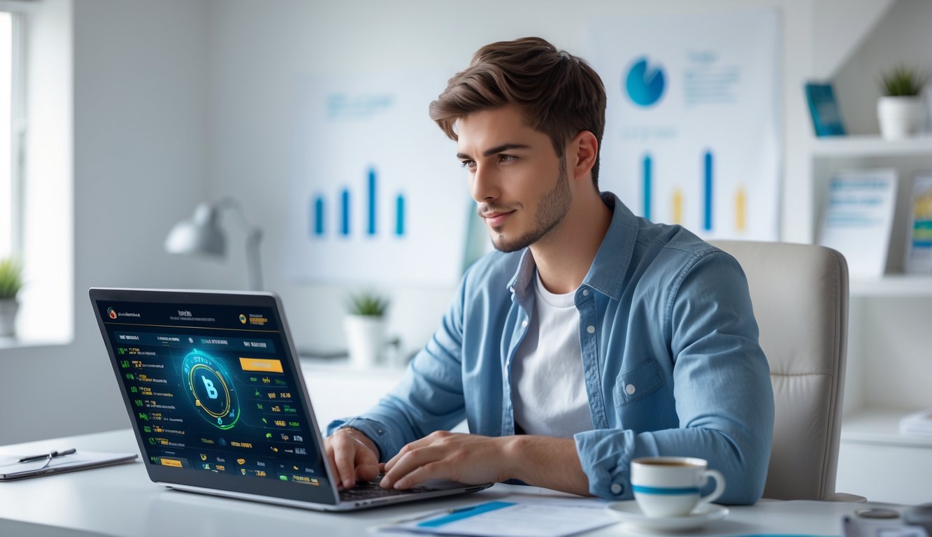 Seorang pria muda duduk di meja dengan laptop, fokus pada layar komputer di ruang kerja rumah yang terang dan rapi.