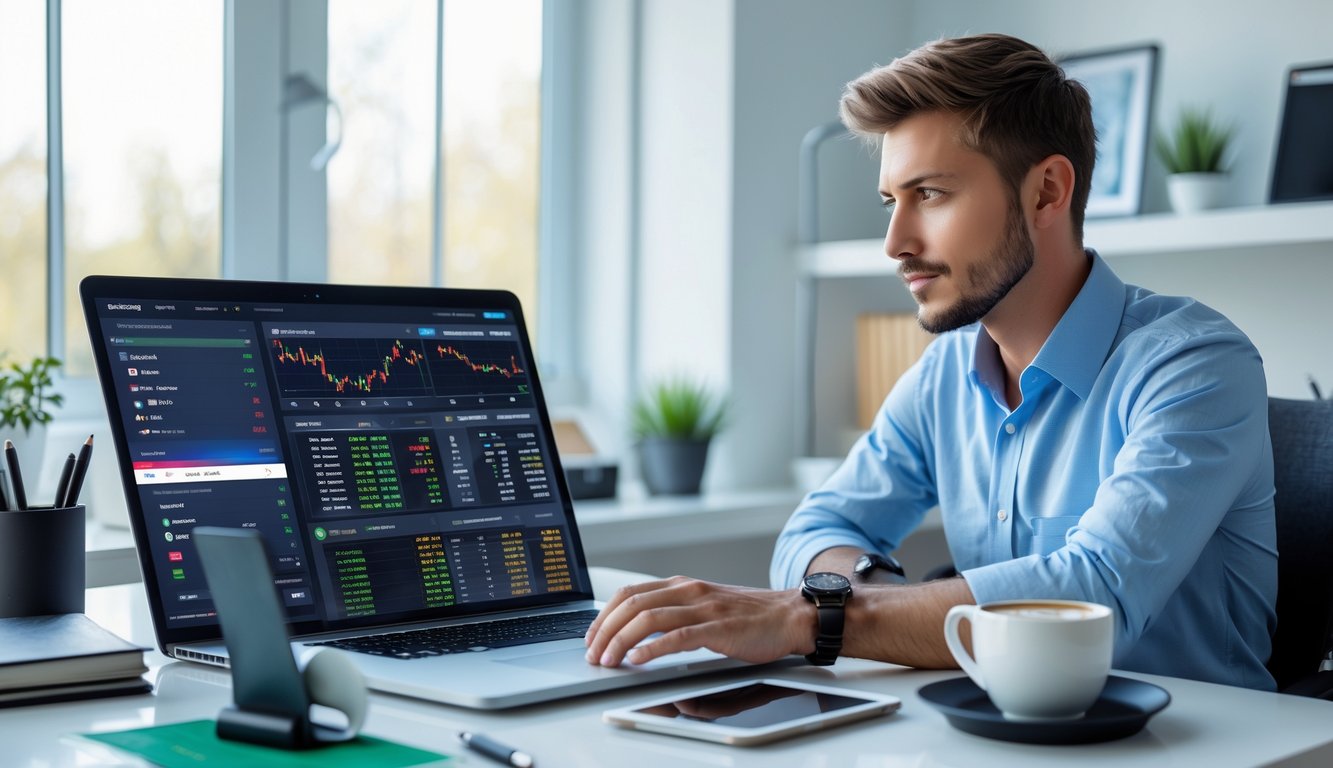 Seorang pria muda duduk di meja kerja dengan beberapa perangkat digital menampilkan data judi online, terlihat fokus menganalisis informasi di layar laptop di ruang kerja yang terang.