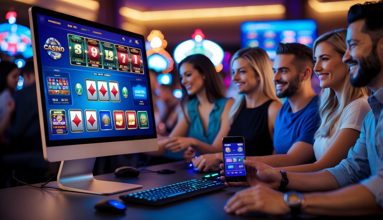Orang-orang bermain game judi online dengan komputer dan ponsel di suasana kasino yang hangat dan menyenangkan.