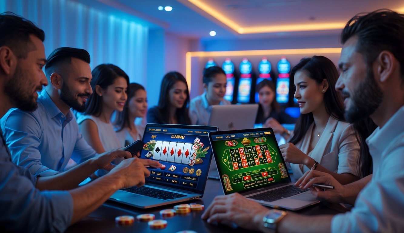 Beberapa orang dewasa sedang bermain permainan judi online di laptop dan ponsel di sebuah ruangan modern yang terang.