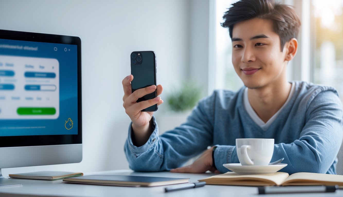 Seseorang menggunakan ponsel di meja dengan laptop terbuka, terlihat santai dan percaya diri saat melakukan transaksi online.