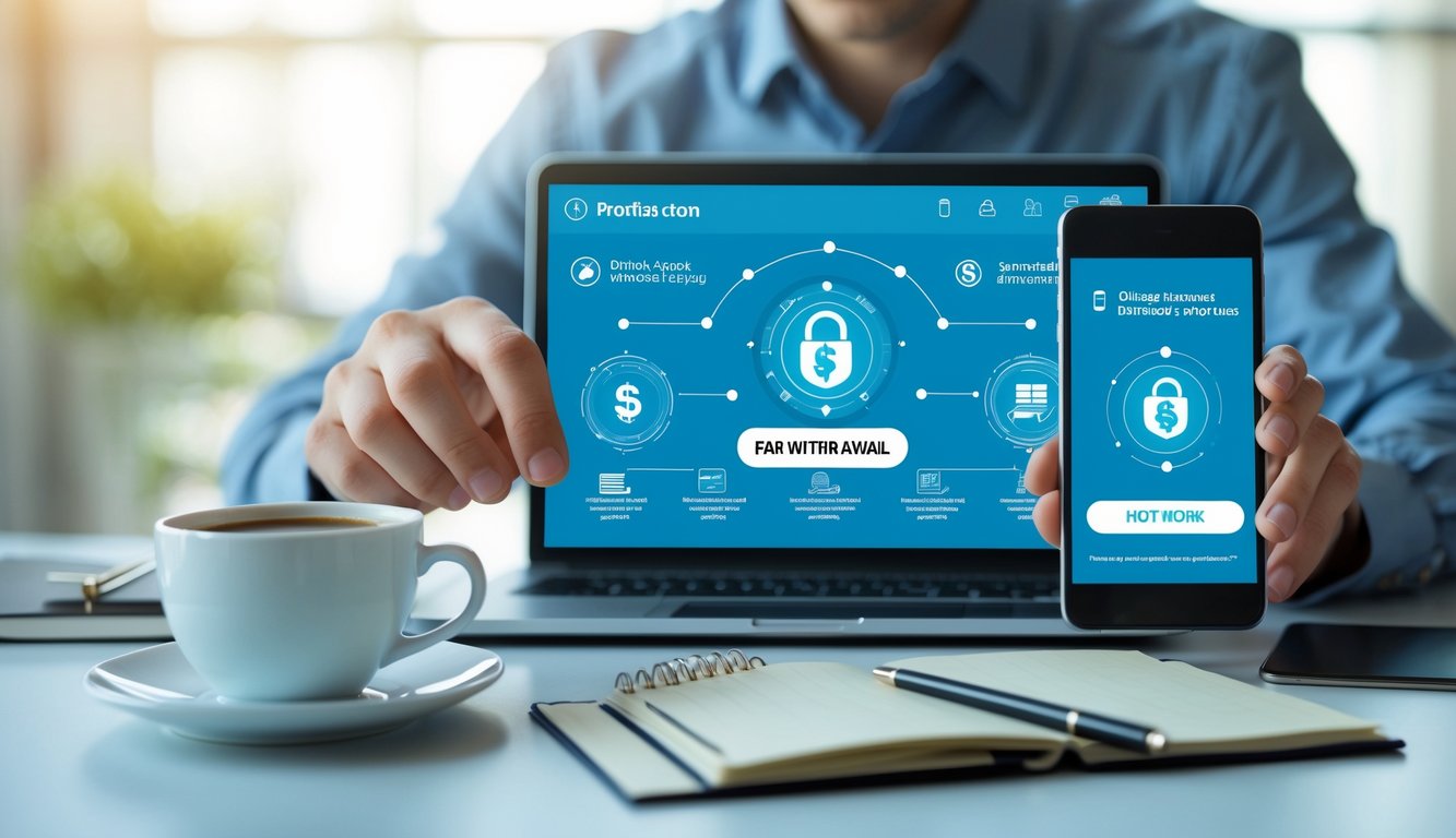 Seseorang menggunakan laptop dan ponsel di meja kerja modern untuk melakukan transaksi online dengan fokus dan percaya diri.