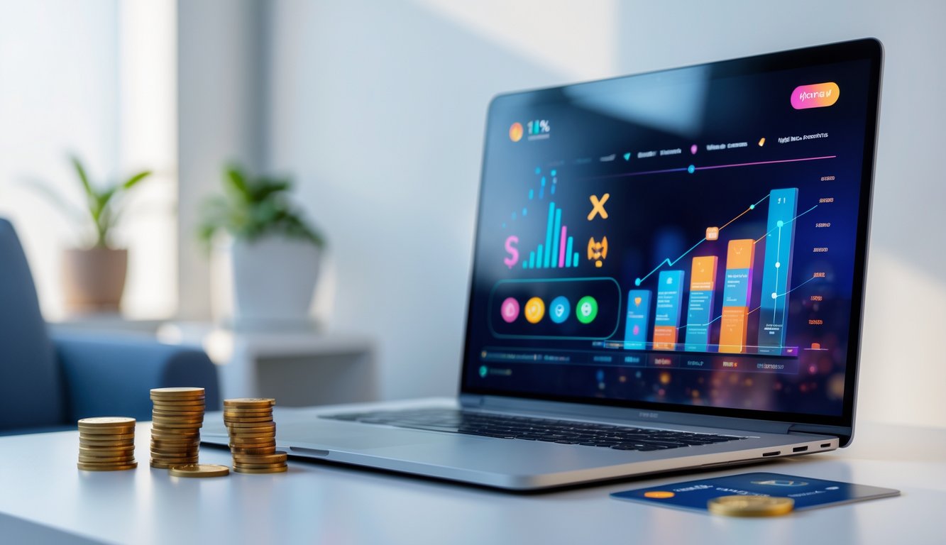 Meja kerja modern dengan laptop yang menampilkan antarmuka permainan online, koin, kartu kredit, dan ikon kunci keamanan di sekitarnya.