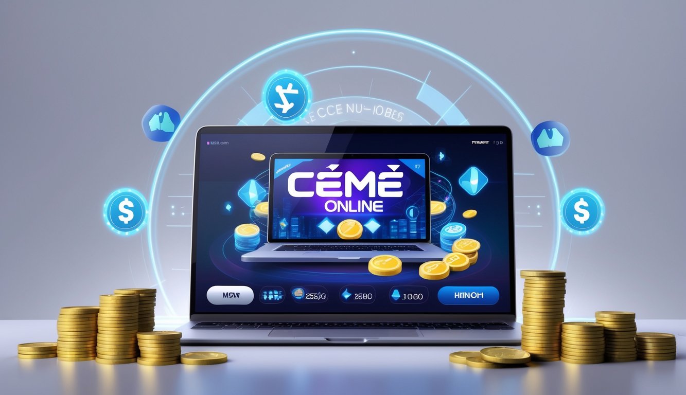 Seorang pengguna sedang bermain permainan online dengan laptop yang menampilkan kartu dan chip, dikelilingi oleh simbol uang dan elemen teknologi modern.