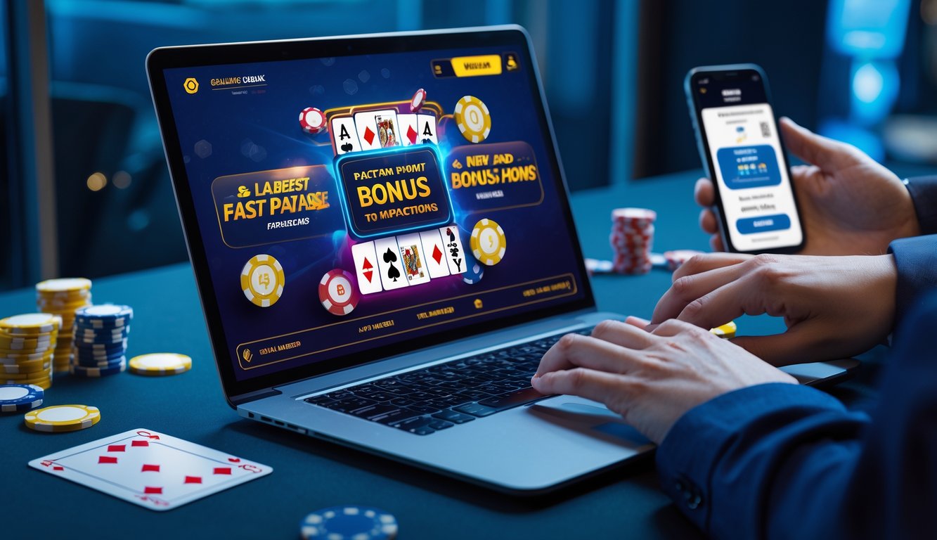 Seseorang sedang menggunakan laptop dengan permainan kartu online di layar, dikelilingi oleh chip poker dan kartu bermain.
