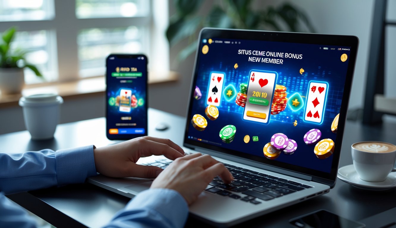 Seseorang menggunakan laptop di meja kerja dengan tampilan permainan kartu dan chip poker di layar, di sekitar meja terdapat ponsel dan cangkir kopi.