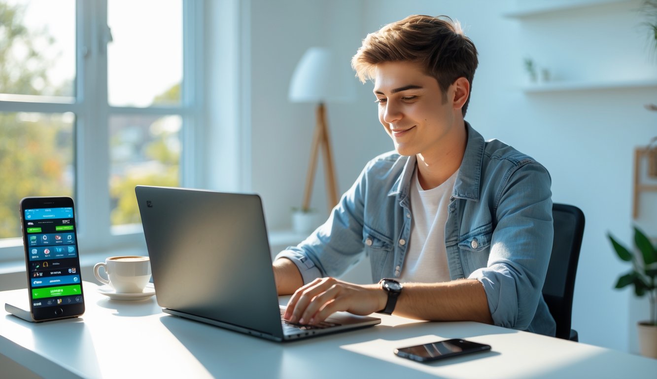 Seorang dewasa muda duduk di meja dengan laptop terbuka, tersenyum dan fokus pada layar, menunjukkan aktivitas bermain game atau taruhan online.