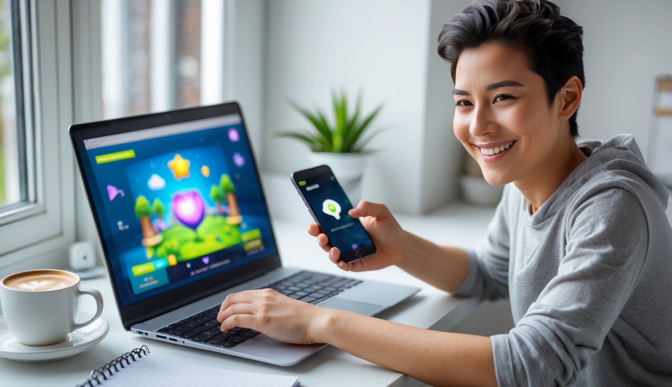 Seorang pemula yang tersenyum sedang mendaftar permainan online di laptop di meja kerja yang rapi dan terang.