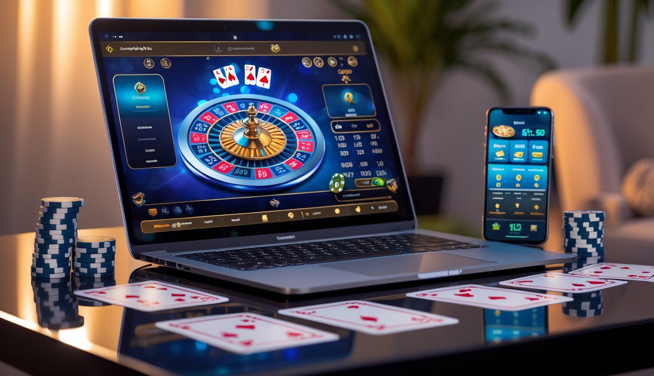 Seorang pemain sedang menggunakan laptop dengan permainan kartu digital dan chip poker di meja yang rapi.