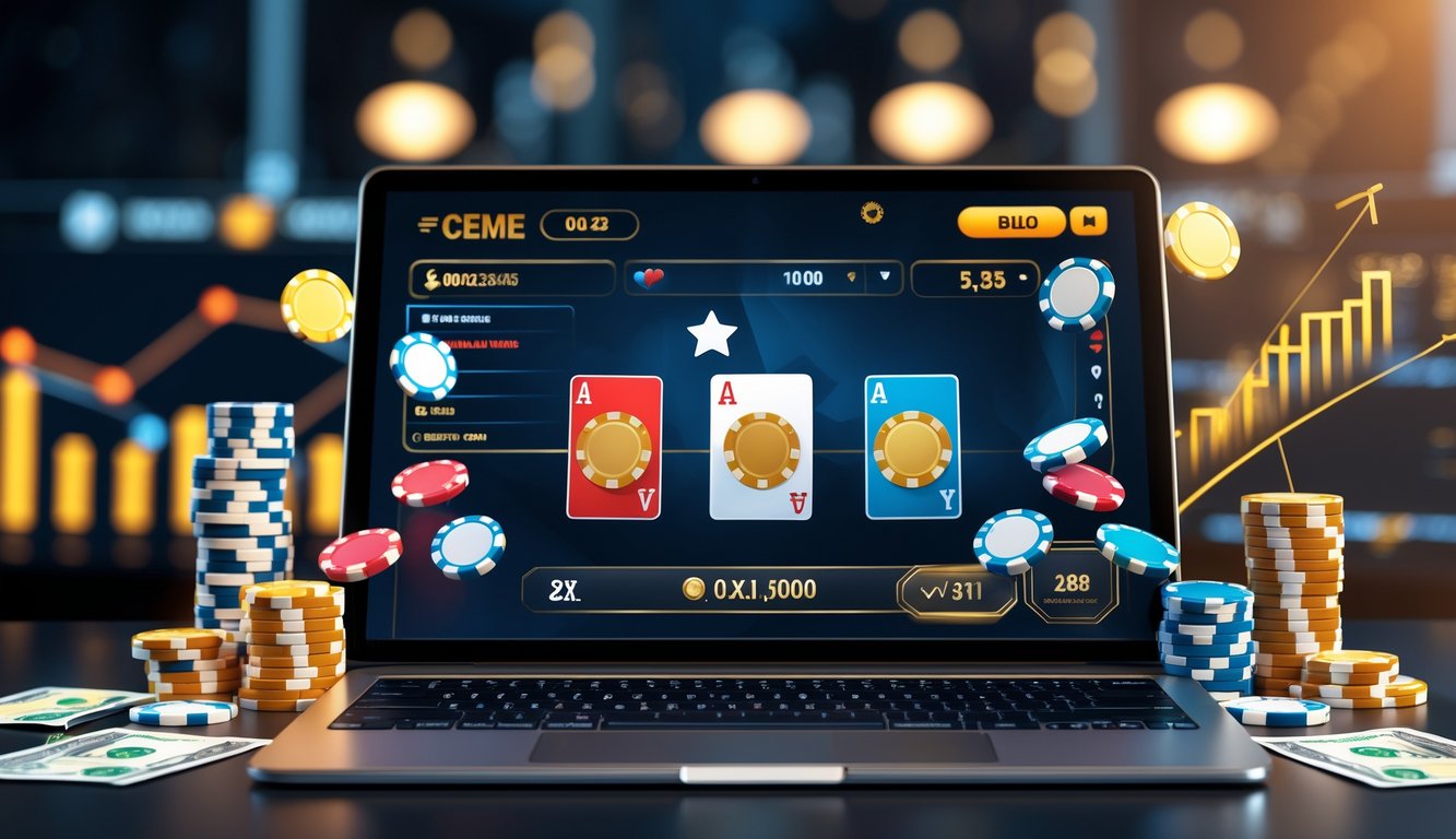 Seorang pemain menggunakan laptop dengan tampilan permainan Ceme online, dikelilingi oleh tumpukan chip dan uang, menunjukkan suasana permainan dengan bonus besar dan peluang menang tinggi.
