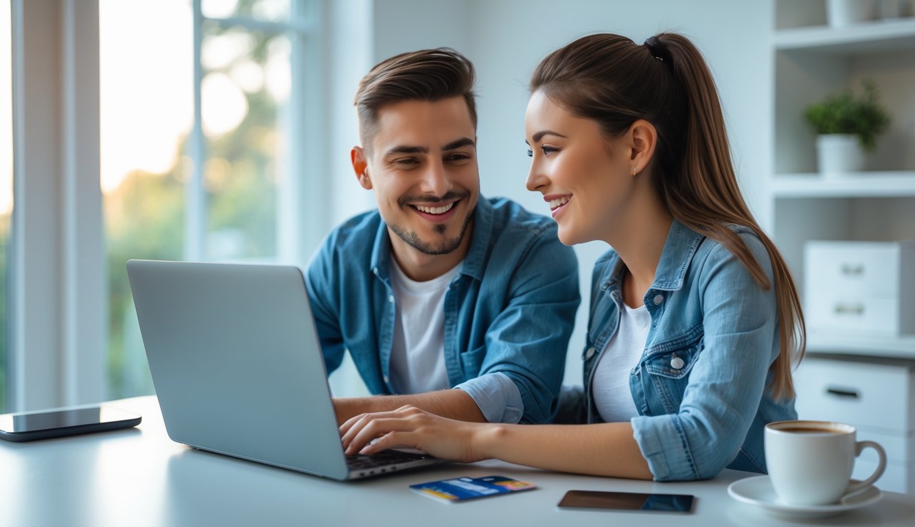 Seorang pria dan wanita muda duduk bersama di meja dengan laptop, tersenyum dan tampak percaya diri dalam ruangan kantor rumah yang terang.