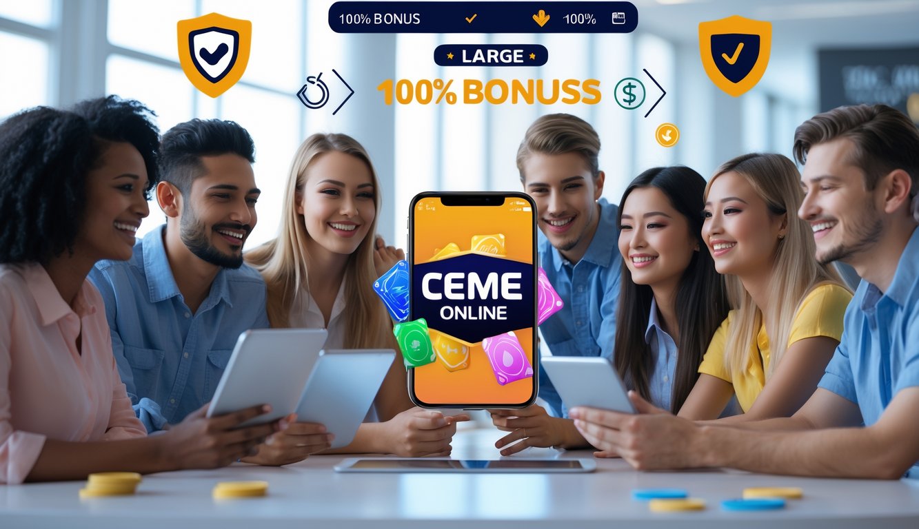 Sekelompok orang muda yang senang bermain permainan kartu online di perangkat digital dengan simbol keamanan dan kepercayaan di latar belakang.