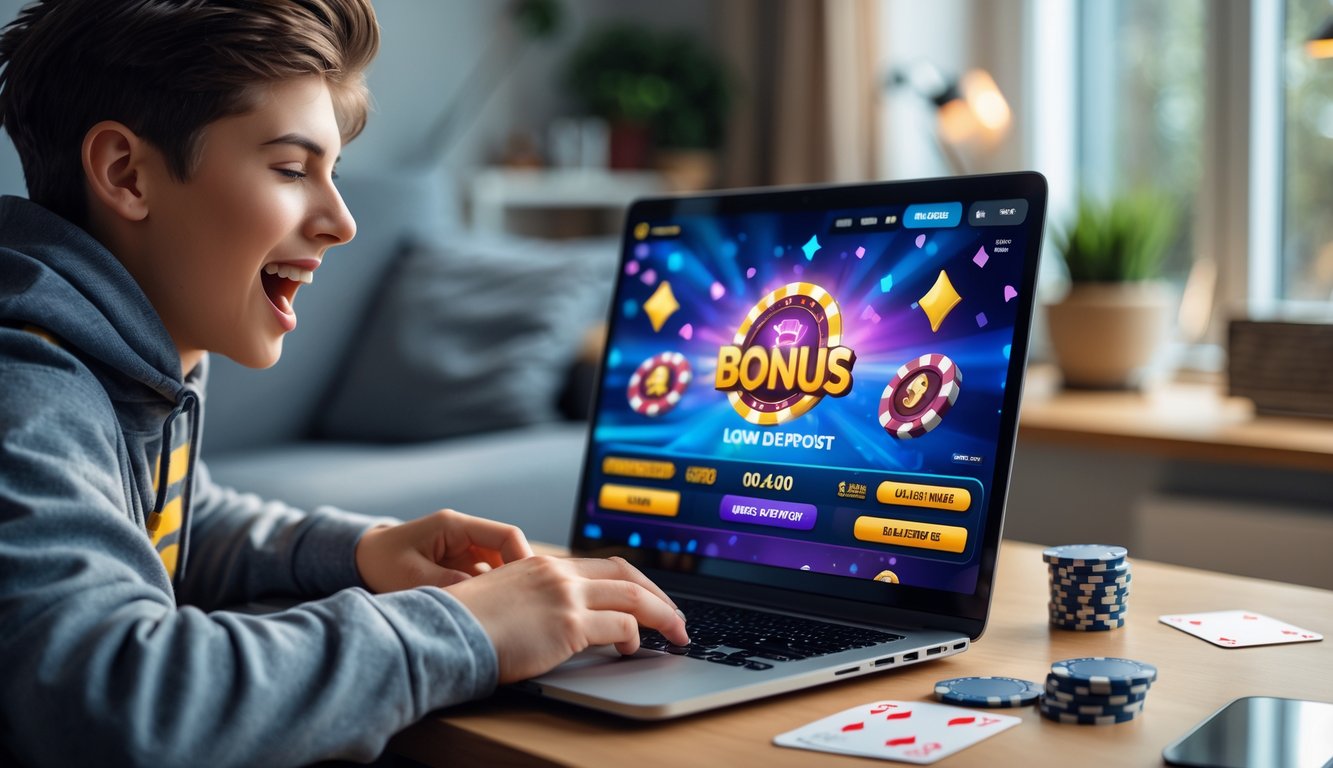 Seorang dewasa muda menggunakan laptop di ruang tamu yang terang dengan permainan kartu online di layar, dikelilingi chip poker dan ponsel.