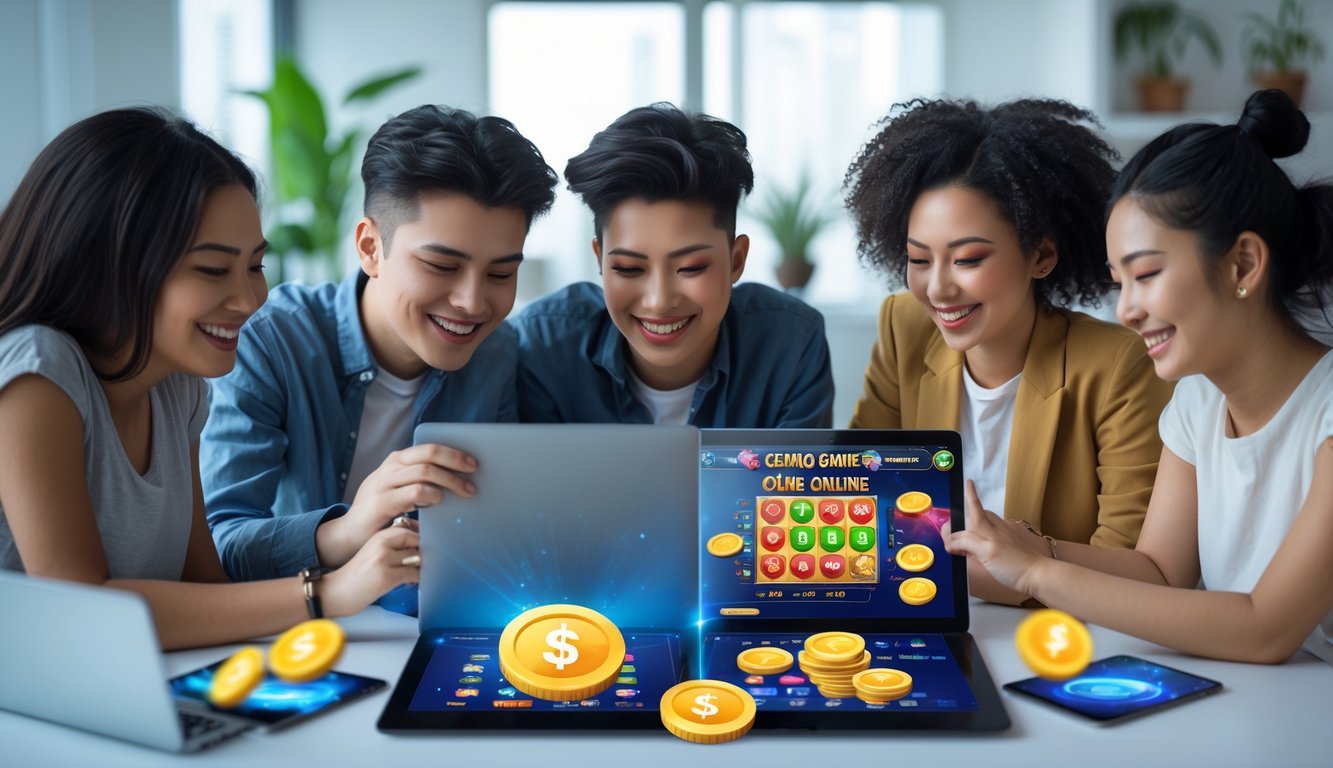 Sekelompok orang muda sedang menggunakan laptop dan tablet untuk bermain game kartu online dengan suasana ceria dan penuh semangat.