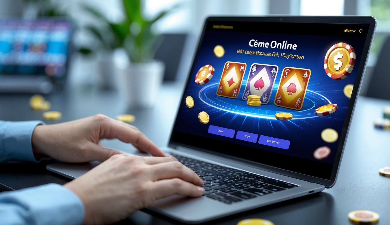 Tangan seseorang sedang bermain permainan kartu online di perangkat digital di meja kerja yang rapi.