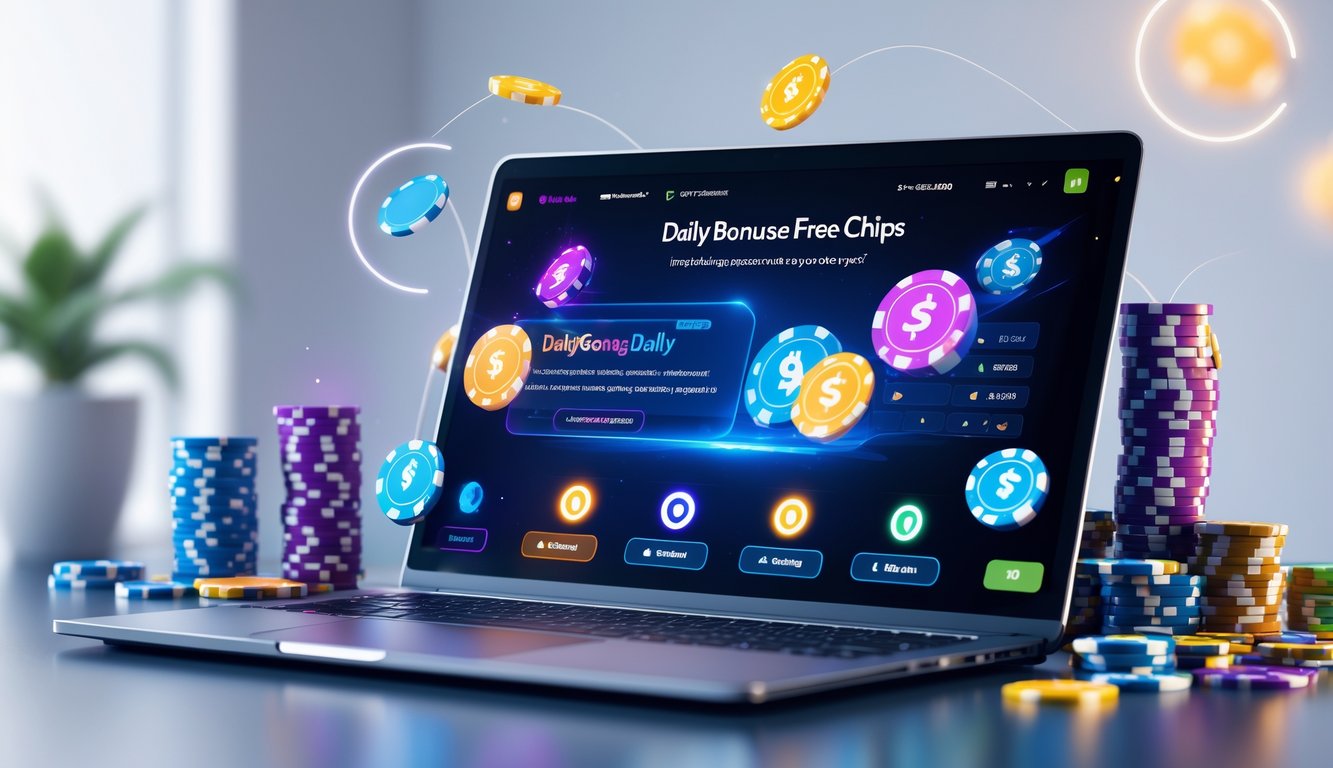 Seorang pria duduk di depan laptop dengan tampilan permainan online dan tumpukan chip poker di meja.