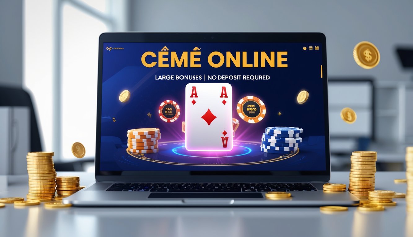 Seorang pengguna sedang bermain permainan judi online di komputer dengan tampilan chip dan kartu domino digital di layar.