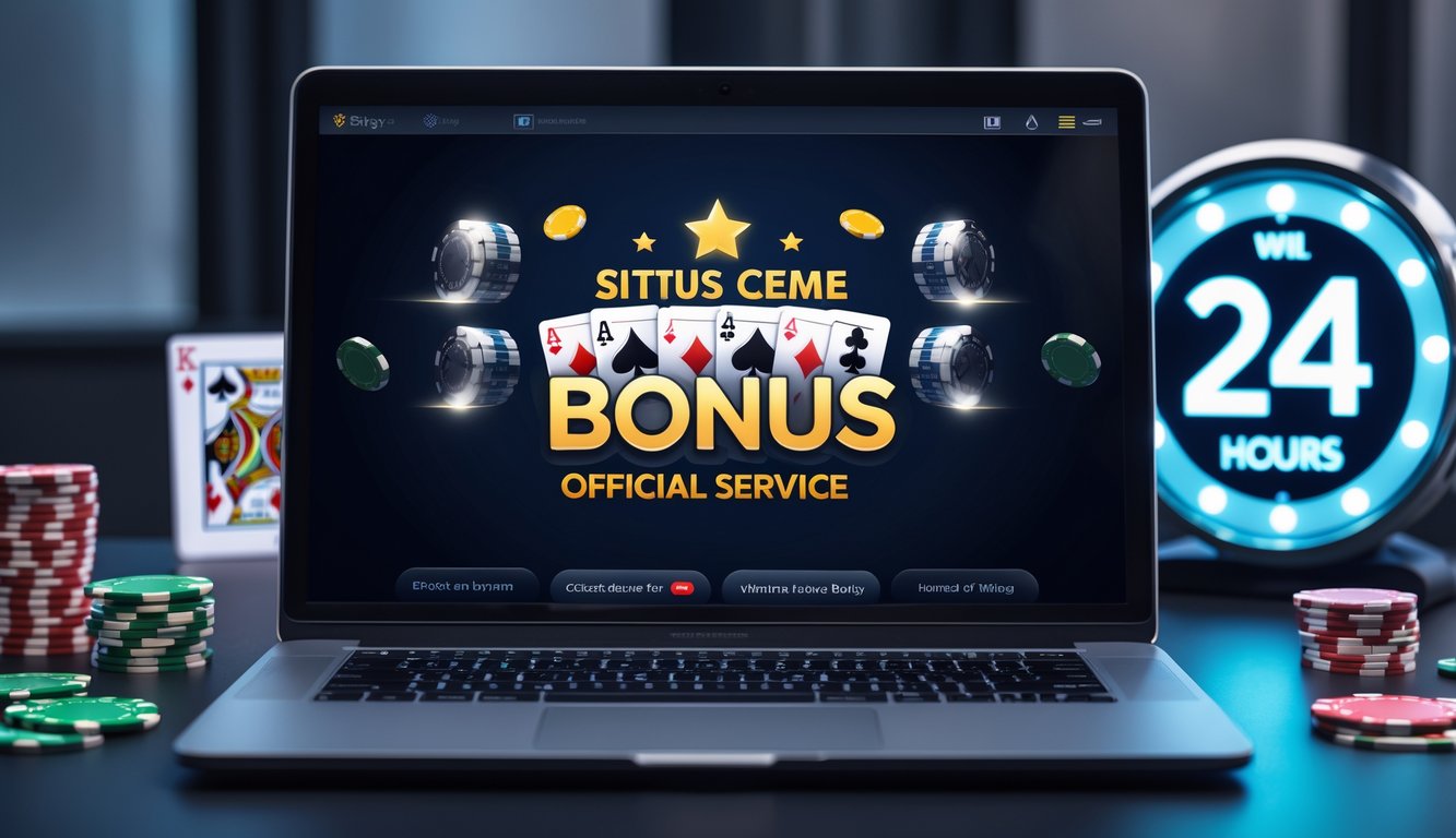 Seorang pria menggunakan laptop dengan tampilan permainan kartu online di layar, di meja terdapat chip poker dan jam digital yang menunjukkan layanan 24 jam.