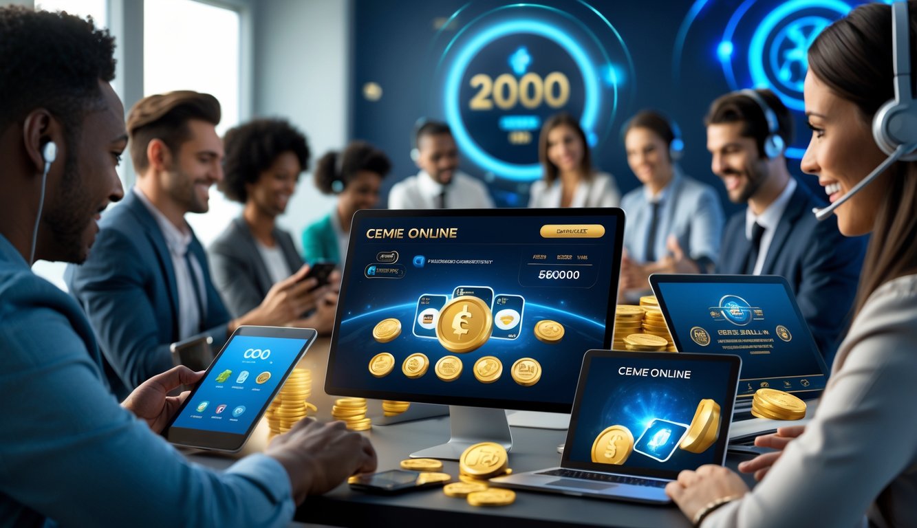 Beberapa orang menggunakan perangkat elektronik untuk bermain game kartu online dengan seorang agen layanan pelanggan yang tersenyum di latar belakang.