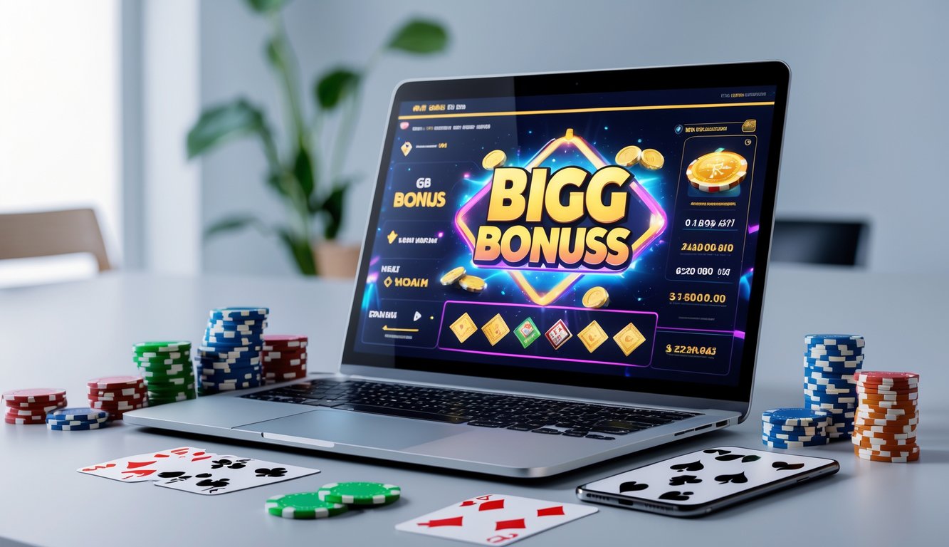 Sebuah meja kerja modern dengan laptop yang menampilkan permainan kartu online dan beberapa chip poker serta kartu bermain di sekitarnya.