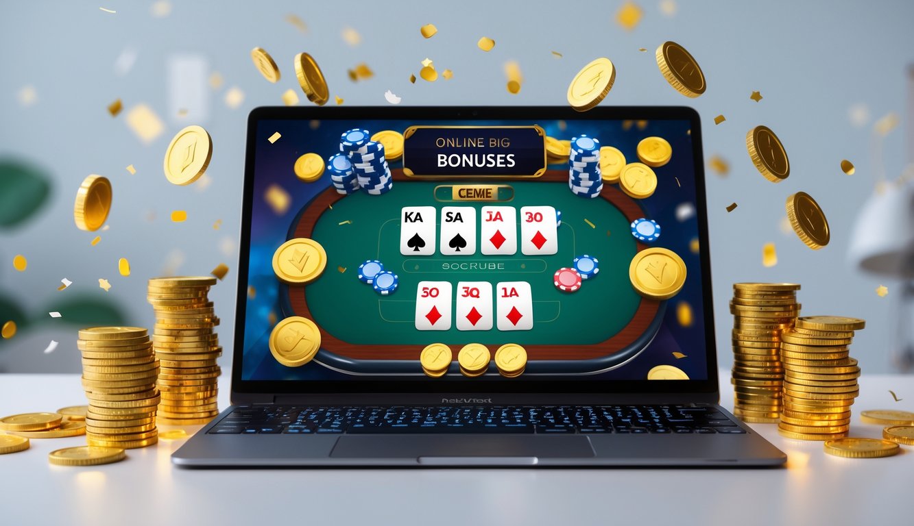 Sebuah meja dengan perangkat elektronik menampilkan permainan kartu online Ceme dengan tumpukan chip dan koin di sekitarnya, menciptakan suasana permainan yang menarik dan penuh semangat.