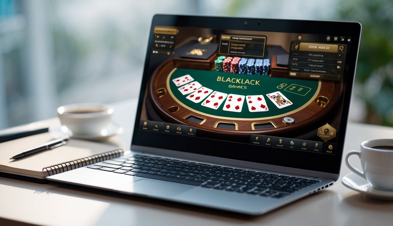 Seorang pemula sedang belajar bermain blackjack online di depan laptop dengan meja blackjack digital dan alat tulis di meja.