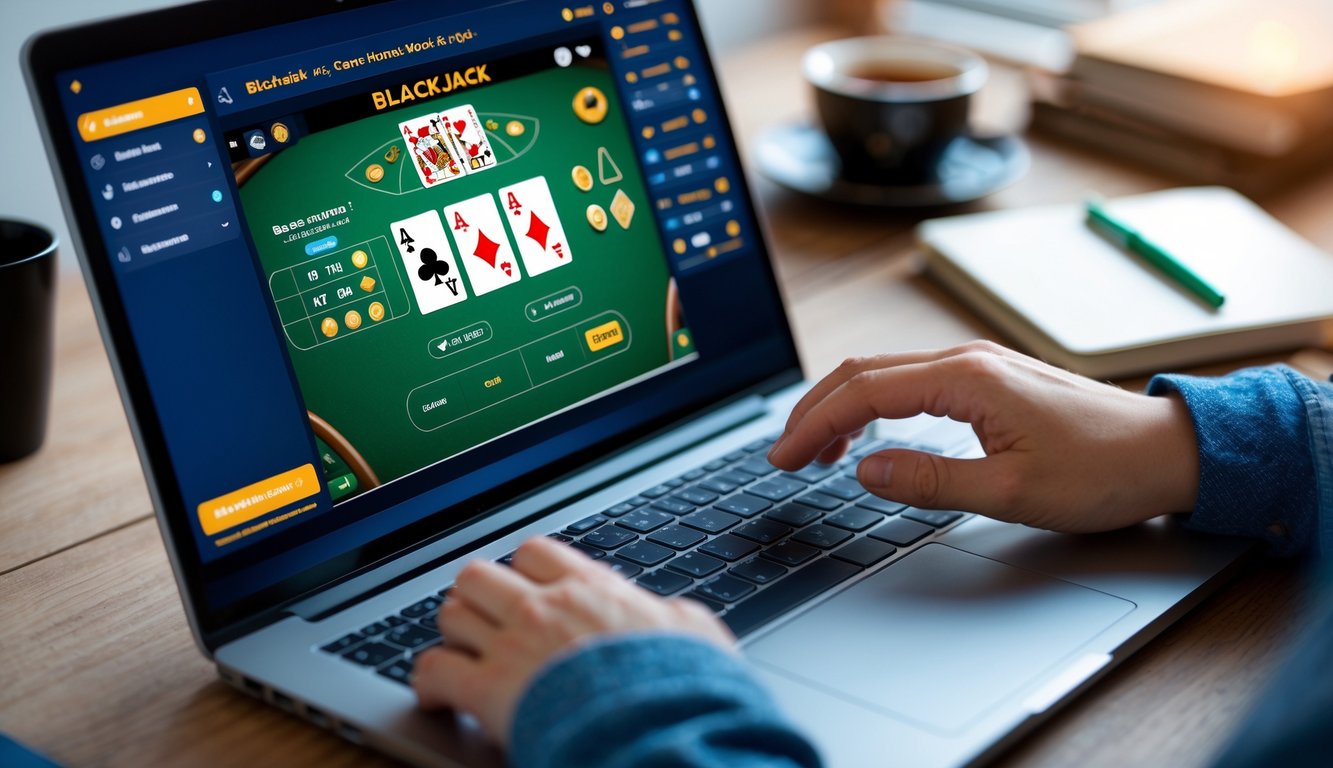 Seseorang bermain permainan blackjack online di komputer dengan kartu terlihat di layar dan alat tulis di meja.