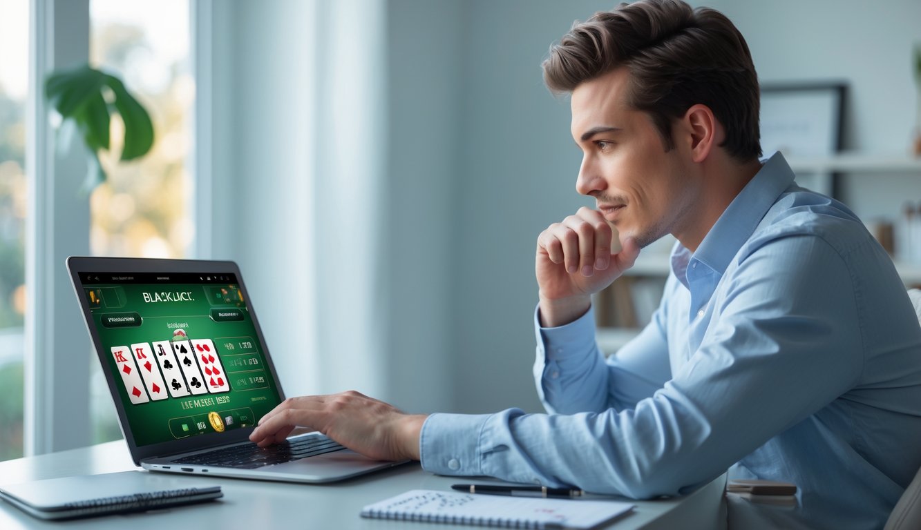 Seorang pria muda duduk di meja dengan laptop, bermain blackjack online dan terlihat fokus serta serius.
