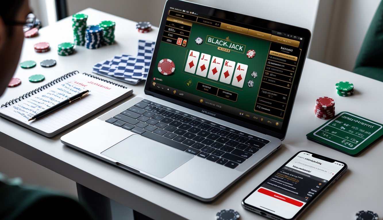 Seorang pemain sedang menggunakan komputer dengan permainan blackjack online di layar, dikelilingi oleh catatan dan alat tulis yang menunjukkan strategi permainan.