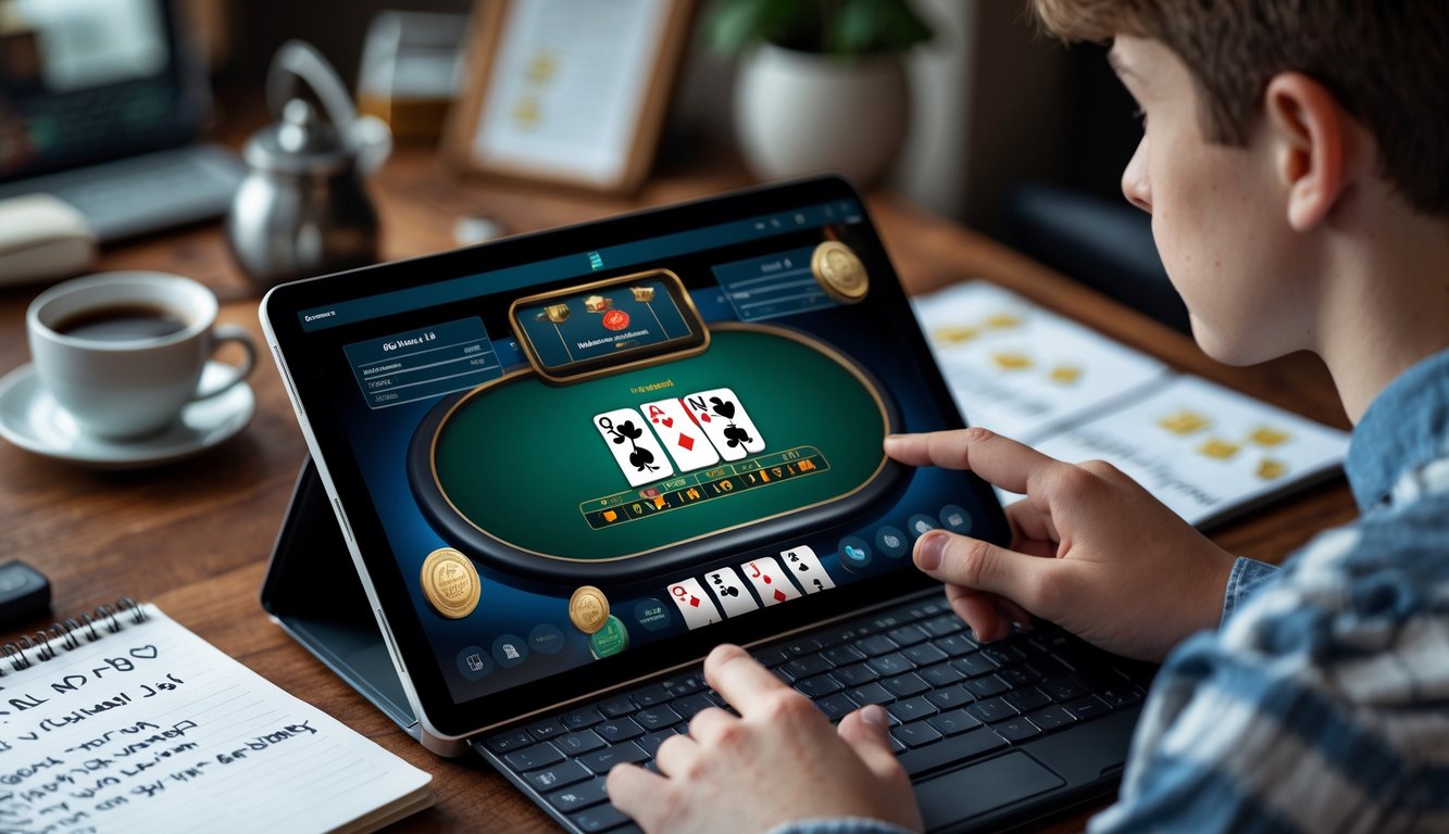 Seorang pemain muda sedang bermain blackjack online di laptop dengan suasana nyaman di rumah.