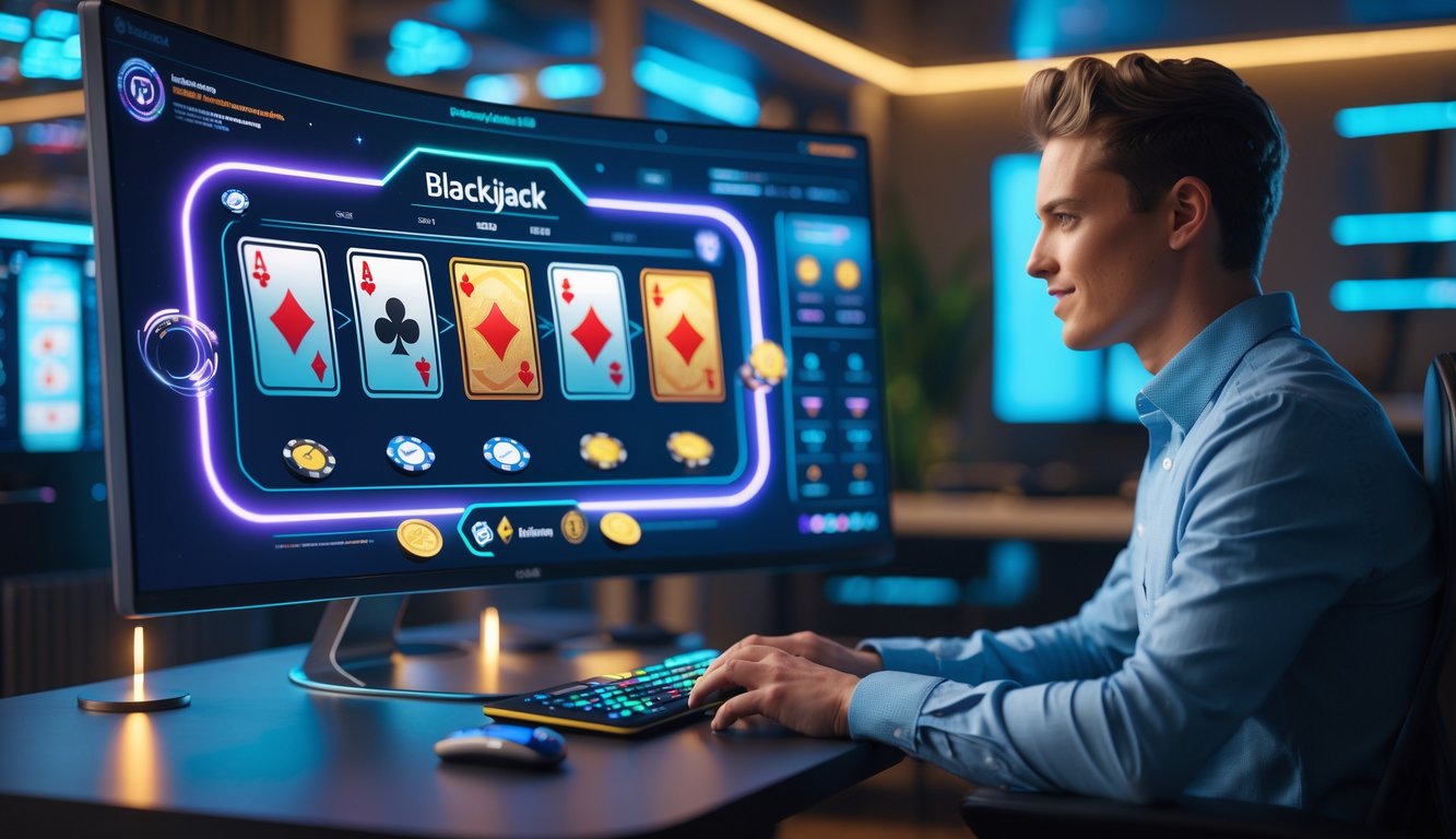 Seorang pemain muda duduk di depan komputer dengan meja blackjack digital yang menampilkan kartu dan chip di layar.