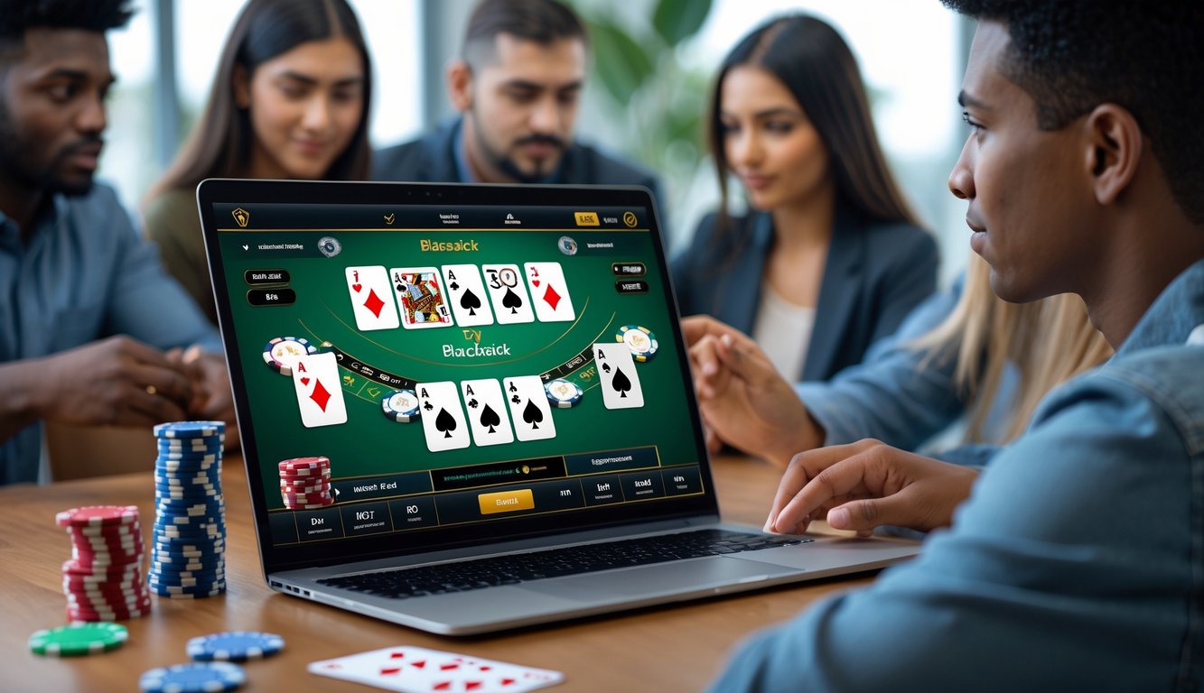 Beberapa orang sedang bermain blackjack online di depan layar komputer dengan kartu dan chip terlihat jelas.