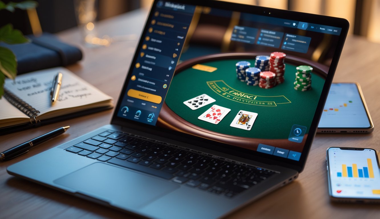 Layar laptop yang menampilkan permainan blackjack online dengan kartu dan chip, dikelilingi oleh buku catatan dan alat tulis di atas meja.