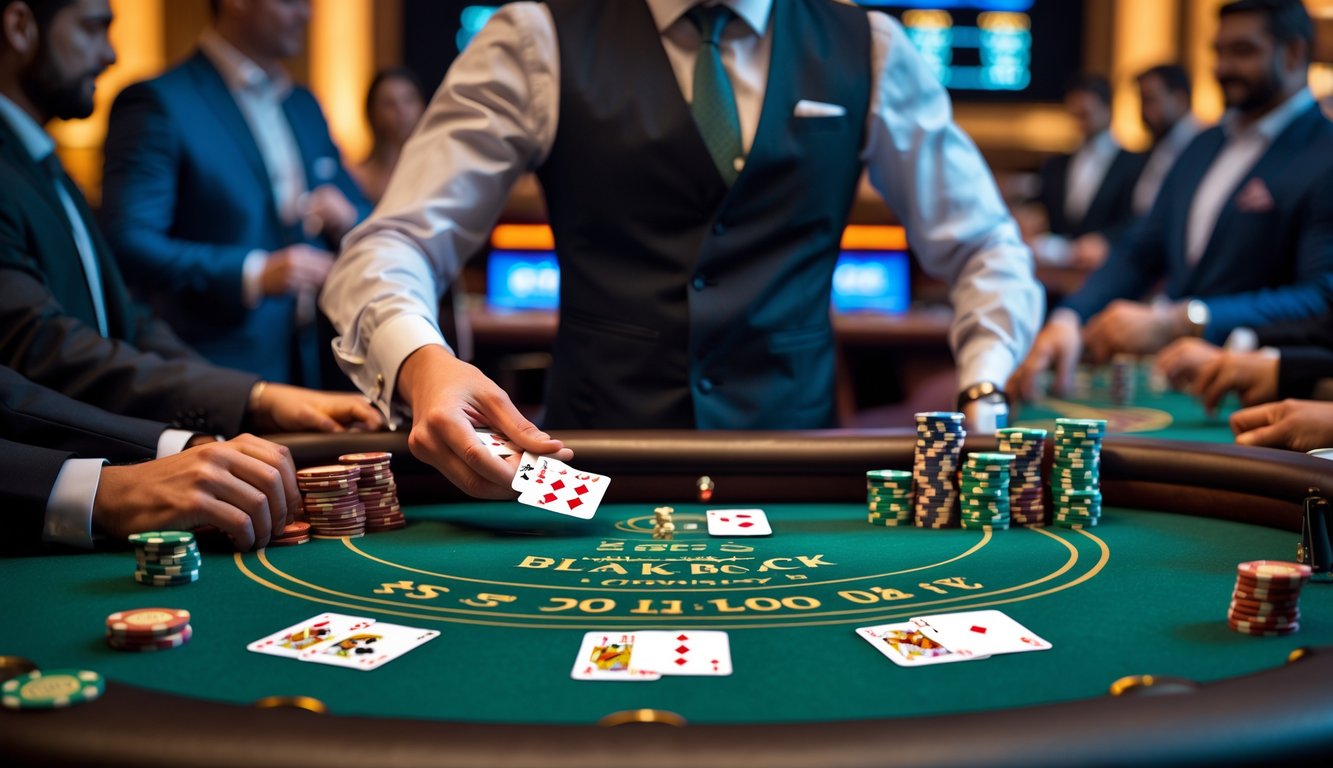 Meja blackjack di kasino dengan dealer dan pemain yang sedang bermain kartu.