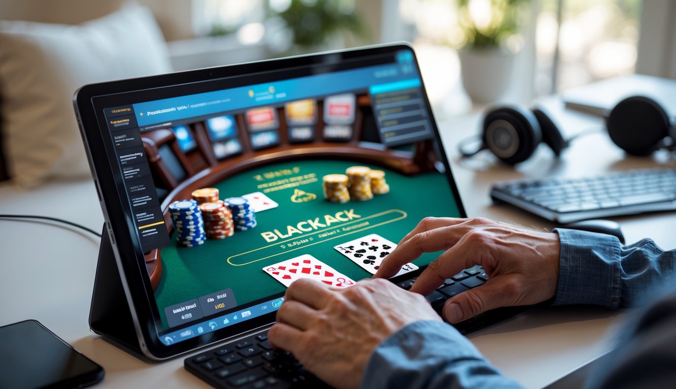 Seorang pemain dewasa sedang bermain blackjack online di layar komputer dengan kartu dan chip terlihat jelas di meja digital.