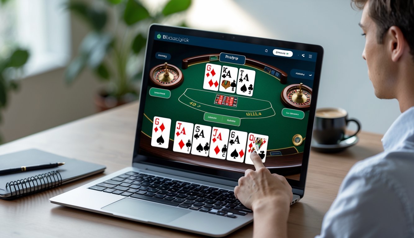 Seorang pemula sedang belajar bermain blackjack online di laptop dengan kartu blackjack terlihat di layar, di meja kayu dengan buku catatan dan secangkir kopi.