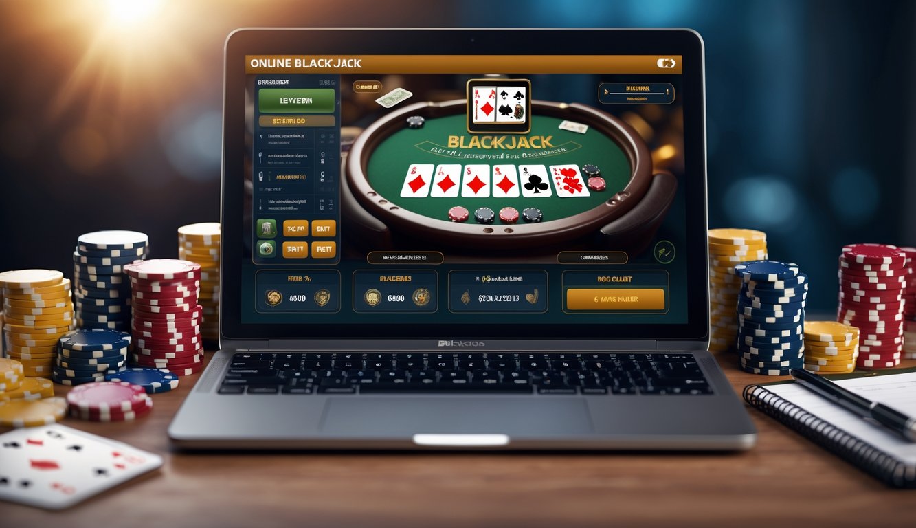 Sebuah laptop dengan permainan blackjack online terbuka, dikelilingi oleh chip poker dan kartu remi, menunjukkan suasana belajar permainan blackjack untuk pemula.