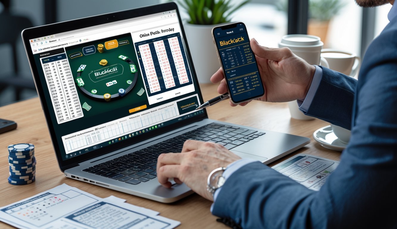 Seorang pria fokus menggunakan laptop dengan permainan blackjack online di layar, dikelilingi catatan dan diagram strategi blackjack, di meja kerja modern.