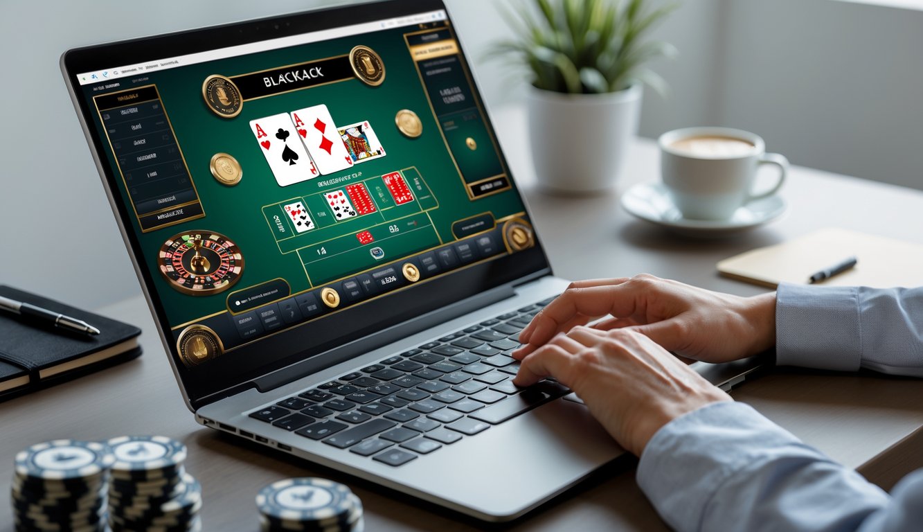 Seorang pemain fokus menggunakan laptop untuk bermain blackjack online dengan kartu dan chip di meja kerja yang rapi.