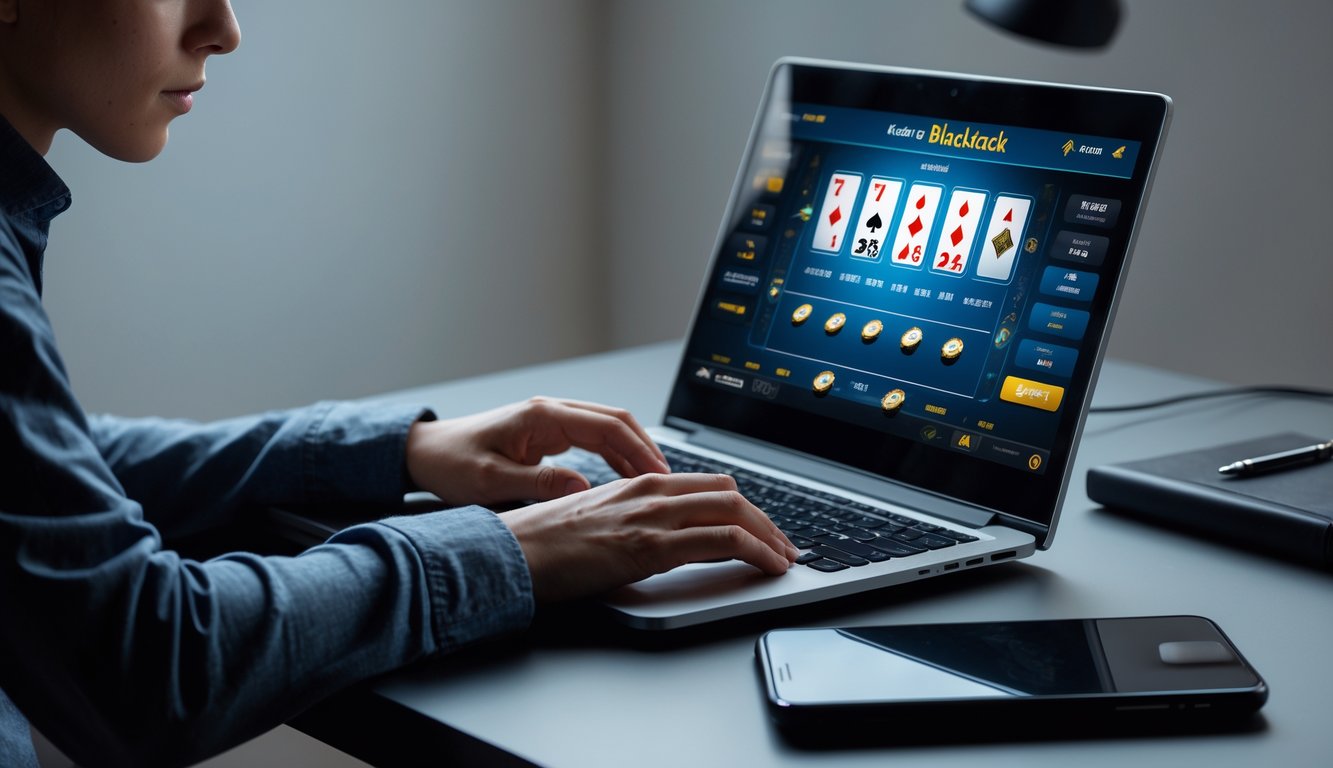 Seorang dewasa muda bermain blackjack online dengan laptop dan catatan di meja, terlihat fokus dan tenang.